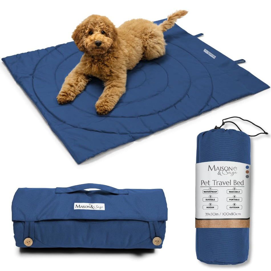 Portable Outdoor Dog Bed Mats - Waterproof & Foldable Pet Bed for Travel, Camping, Grooming & Training - 100x80cm with Carry Bag - Durable, Washable & Lightweight Dog Mat for Sleeping -Blue