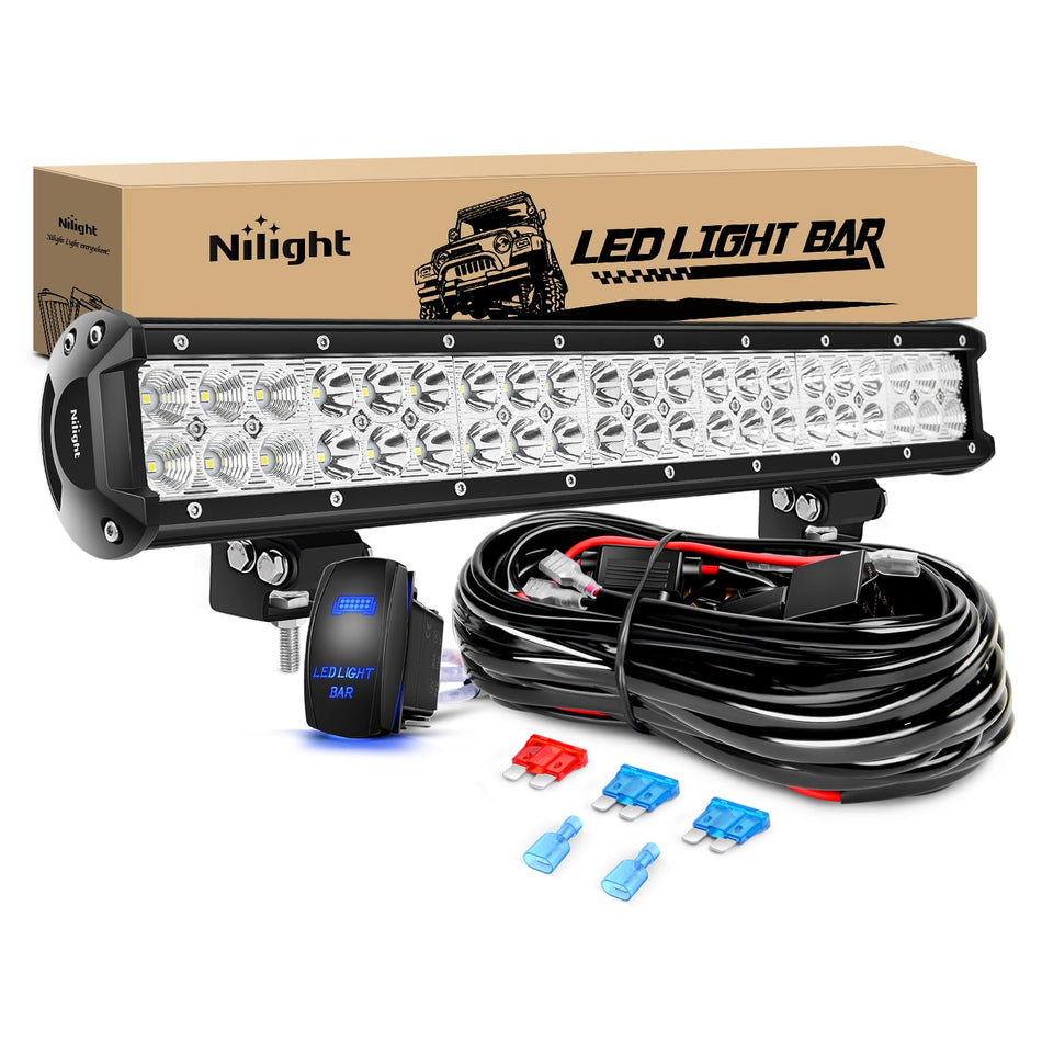 Nilight LED Light Bar 20 Inch 126W Spot Flood Combo Led Off Road Lights 12V 5Pin Rocker Switch LED Light Bar Wiring Harness Kit, Model: ZH082