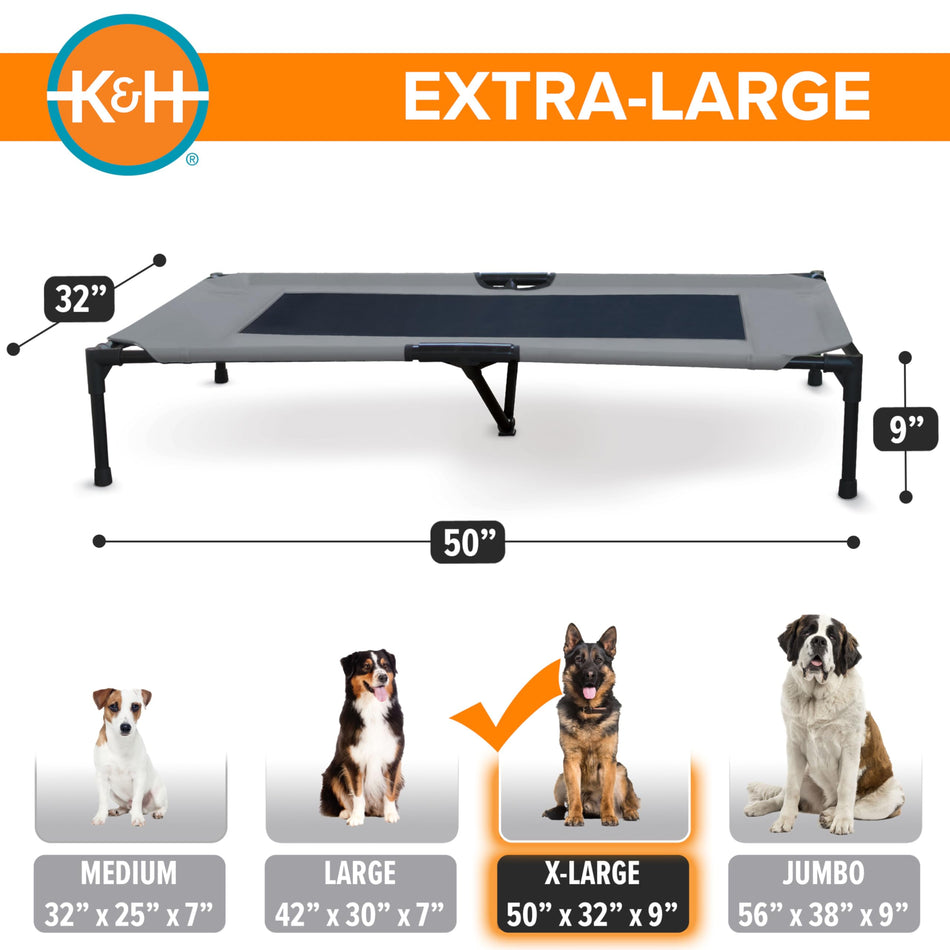 K&H Pet Products Cooling Elevated Dog Bed Outdoor Raised Dog Bed with Washable Breathable Mesh, Dog Cot Bed No-Slip Rubber Feet, Portable Dog Cot Indoor Outdoor Dog Bed, X-Large Gray/Black Mesh