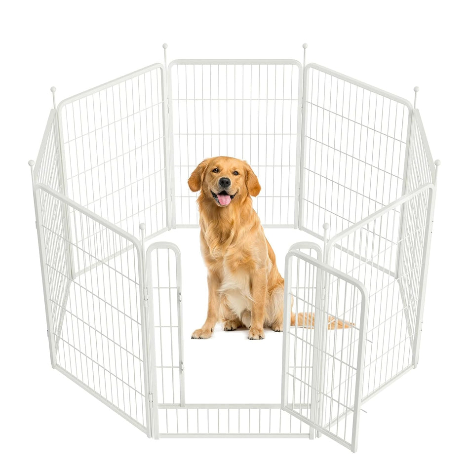 White Dog Playpen, Metal Exercise Pet PlayPen for Yard RV Camping, 81Cm Height, 8 Panels Fence