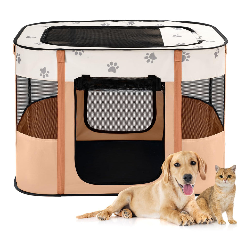 Avont Portable Dog Cat Playpen, Foldable Pop Up Pet Play Pen Travel Crate with Floor and Mesh Door Top for Indoor Outdoor Collapsible Tent Cage -L, Orange