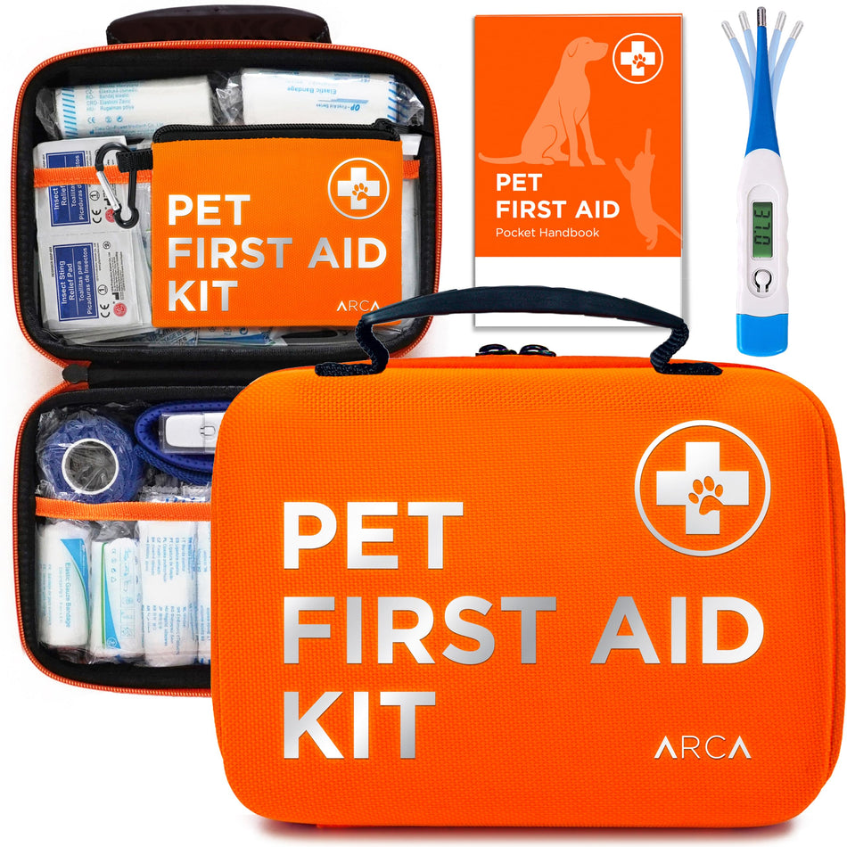 ARCA PET Cat & Dog First Aid Kit Home Office Travel Car Emergency Kit Pet Travel Kit – 100 Pieces with Emergency Collar and Pet Thermometer & Bonus Mini Pouch [Hard Case for Protection]